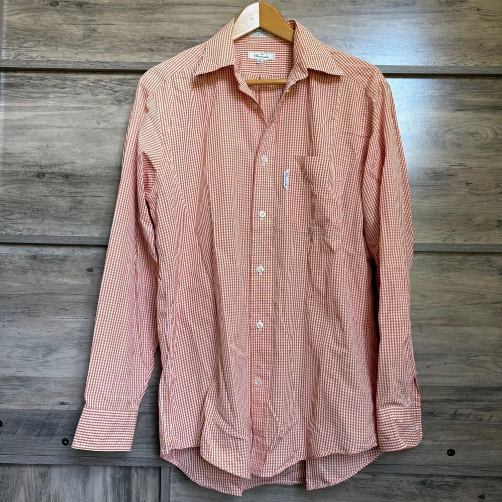 Faconnable Luxury 15.5 L Orange White Gingham Button Down Shirt Preppy Sporty